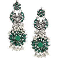 Classic Green Turquoise & Fresh Water Pearls Floral Design Drop Earrings By Silvermerc Designs