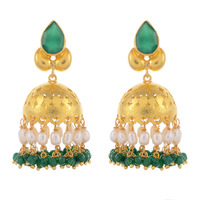 Gold Plated, Green Oynx, Pearls Beautiful Jhumka Earrings By Silvermerc Designs