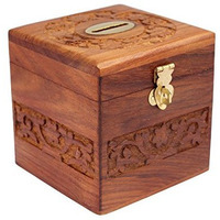 Crafts'man Beautiful Indian Handmade Wooden Money Bank in Square Shape 4x4 inch