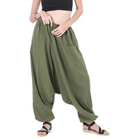 Men Women 100% Cotton Baggy Boho Aladin Yoga Harem Pants (Olive Green)