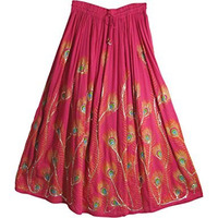 Women's Indian Sequin Crinkle Broomstick Gypsy Peacock Long Skirt (Pink)