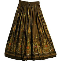 Womens Indian Sequin Crinkle Broomstick Gypsy Long Skirt (Brown)