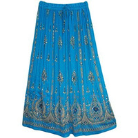 Womens Indian Sequin Crinkle Broomstick Gypsy Long Skirt (Turquoise)