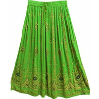 Womens Indian Sequin Crinkle Broomstick Gypsy Long Skirt (Green)