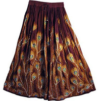 Women's Indian Sequin Crinkle Broomstick Gypsy Peacock Long Skirt (Burgundy)