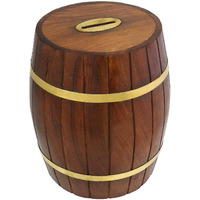 Handcrafted Indian Wooden Barrel Money Bank for Kids - Brass Accents and Coin Slot - Measures 5 Inches
