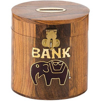 Winmaarc Wooden Money Box Counting Jar with Elephant Design & Secure Latch Piggy Bank