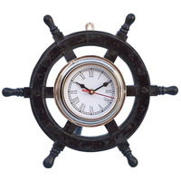Winmaarc Wooden Handmade Deluxe Class Black Wood and Chrome Pirate Ship Wheel Clock 12