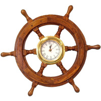 Winmaarc Wooden Handmade Deluxe Class Black Wood and Brass Pirate Ship Wheel Clock 18