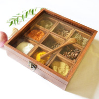 Winmaarc Handmade Wooden Spice box with Clear Hinged Lid Tea Masala Chest