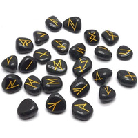 Winmaarc Natural Gemstone Runes Set Polished Stone Engraved Symbol 25pcs Set Crystal Chakra Healling (Black Tourmaline)