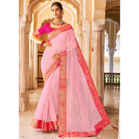 Baby Pink Cotton Checks Indian Designer Wedding Wear Saree
