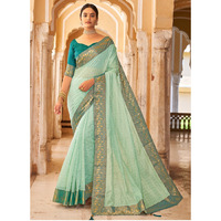Turquoise Cotton Checks Indian Designer Wedding Wear Saree