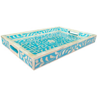 Floral  Bone Inlay Serving Tray in Blue