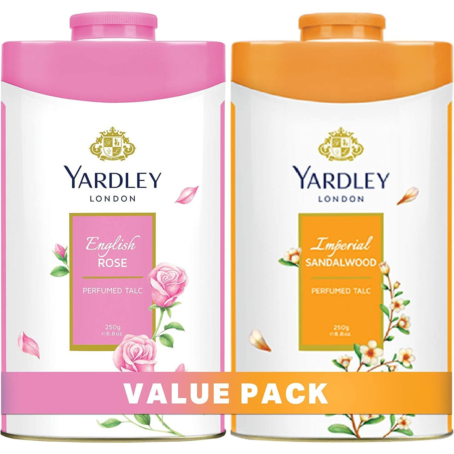 Yardley London Floral Talcum Poder, long lasting fragrance, seat free, all day pleasant smell, 250gm x2 (English Rose, Imperial Sandalood)