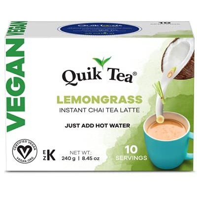 QuikTea Vegan Lemongrass Instant Chai Tea Latte - 10 Count Single Box - Convenient, Easy Ayurvedic Dairy Free Alternative - All Natural Non GMO Superfood