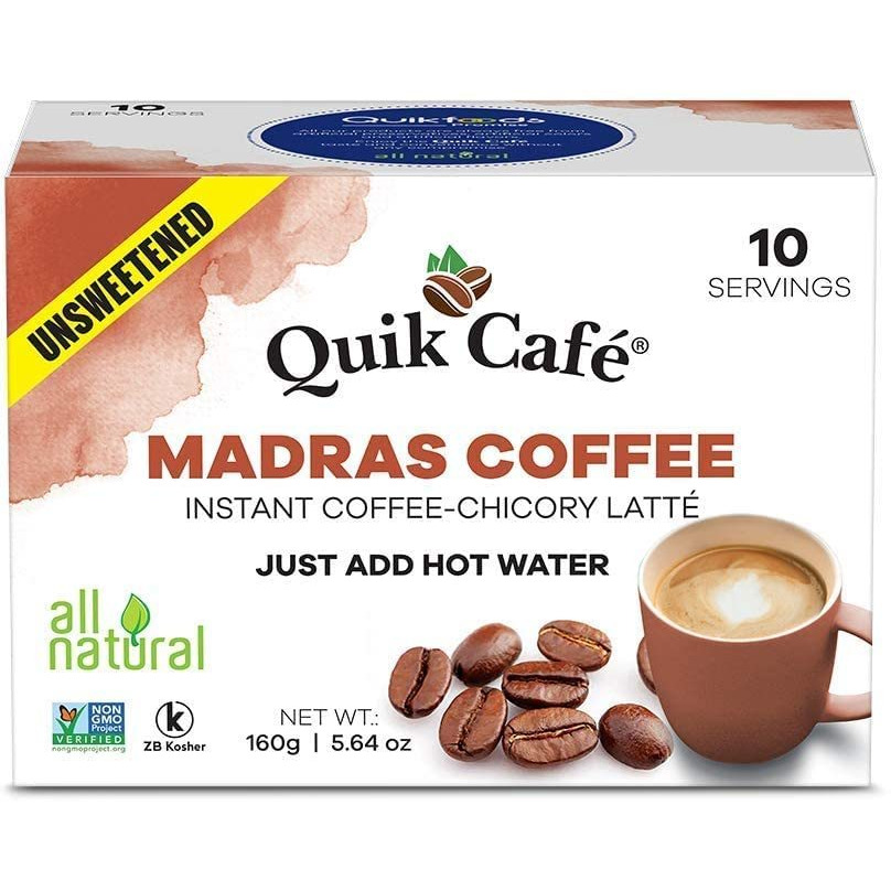 Quik Caf Unsweetened Madras Coffee - 10 Count - All Natural Preservative Free Authentic Instant Coffee Latte