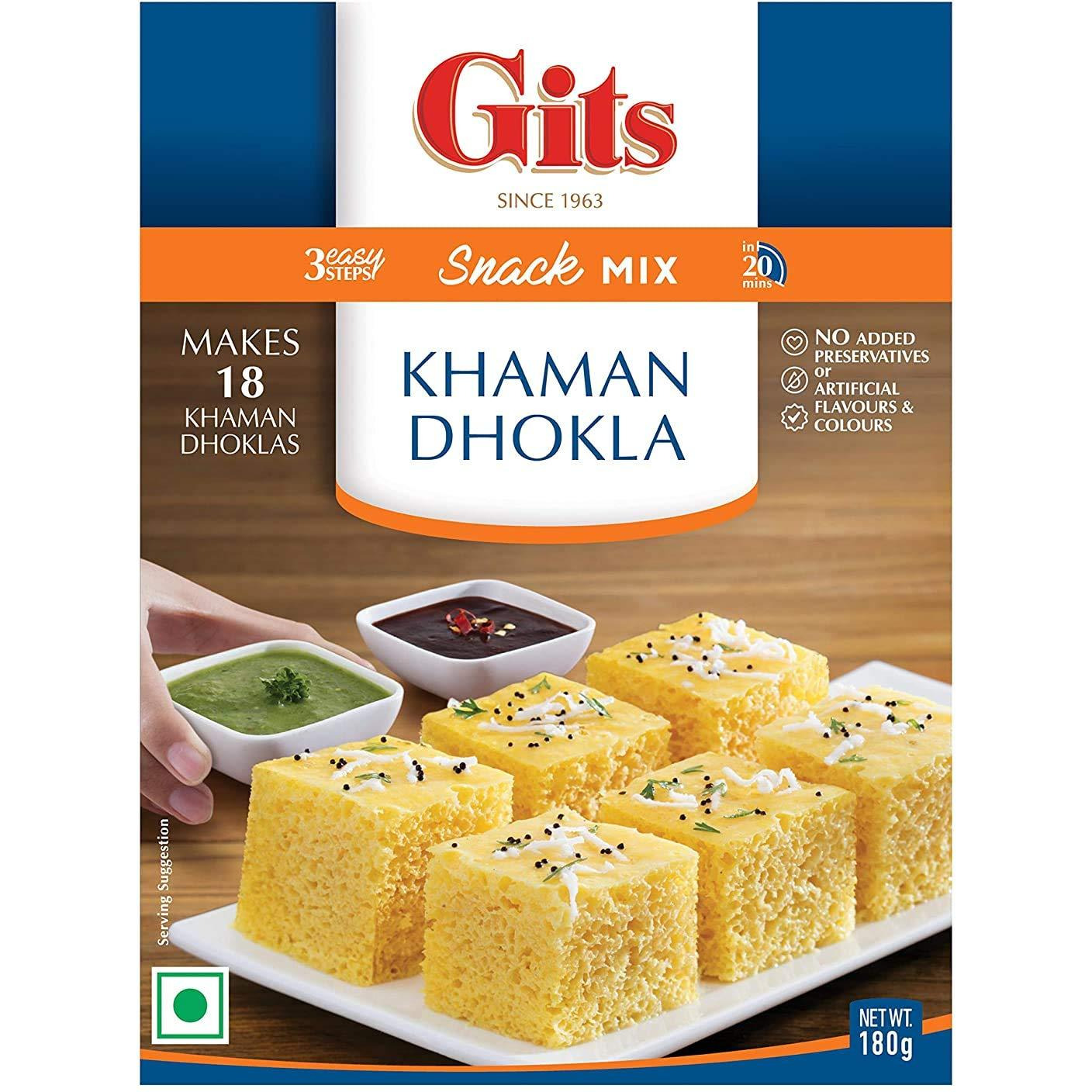 Gits Instant Mix Box - 180gm (Pack of 3) | Ready to Cook Indian Breakfast/Lunch/Dinner/Snack Meal | No Artificial Colors, Flavors, Preservatives, 100% Vegetarian, Easy Recipe (Khaman Dhokla)