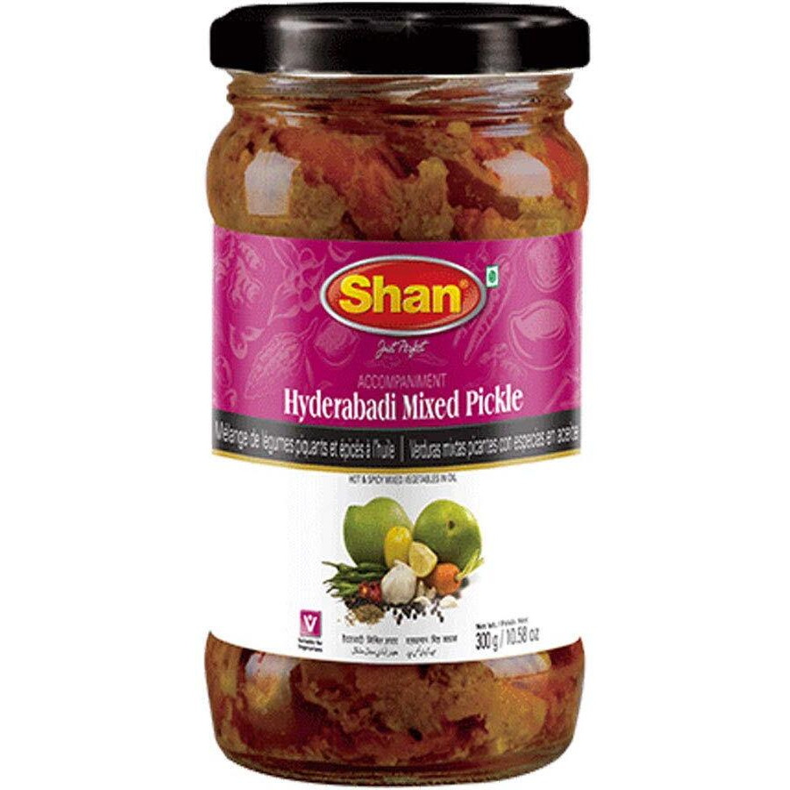 Shan Hyderabadi Mixed Pickle 10.58 oz (300g) - Hot and Spicy Mixed Vegetables Pickled in Oil - Perfect Accompaniment to Everyday Meals - Suitable for Vegetarians - Airtight Pet Jar