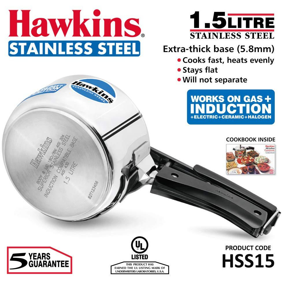 Hawkins Stainless Steel Pressure Cooker, 1.5 Liter, Silver