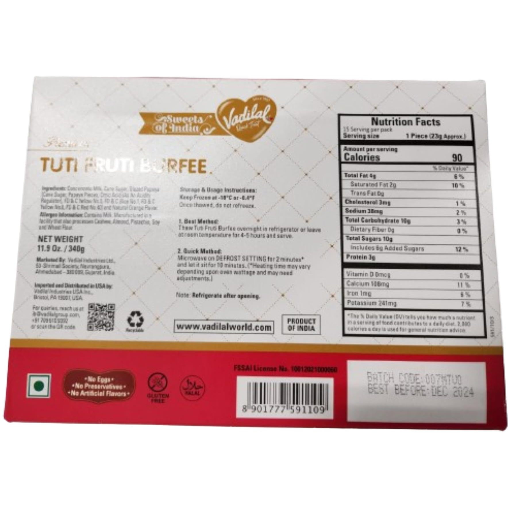 Vadilal Tuti Fruti Burfee 340gm