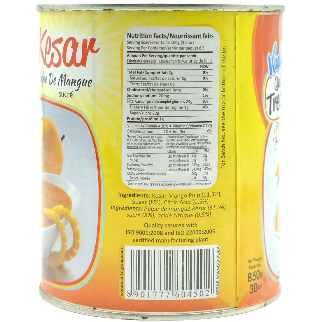 Vadilal Kesar Mango Pulp Tin (Seetened) 850 Gms