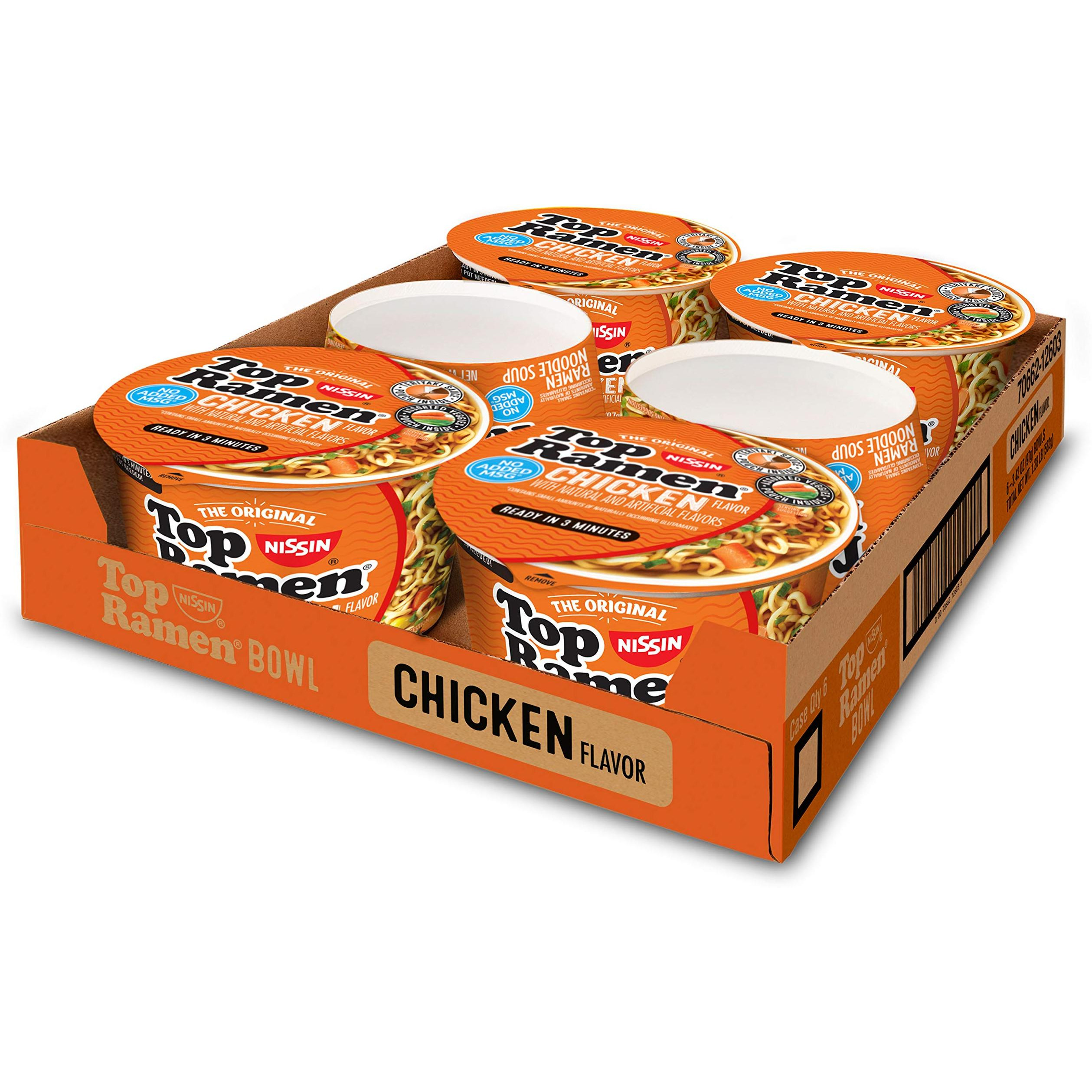 Nissin Top Ramen Bowl Ramen Noodle Soup, Chicken, 3.42 Ounce (Pack of 6)