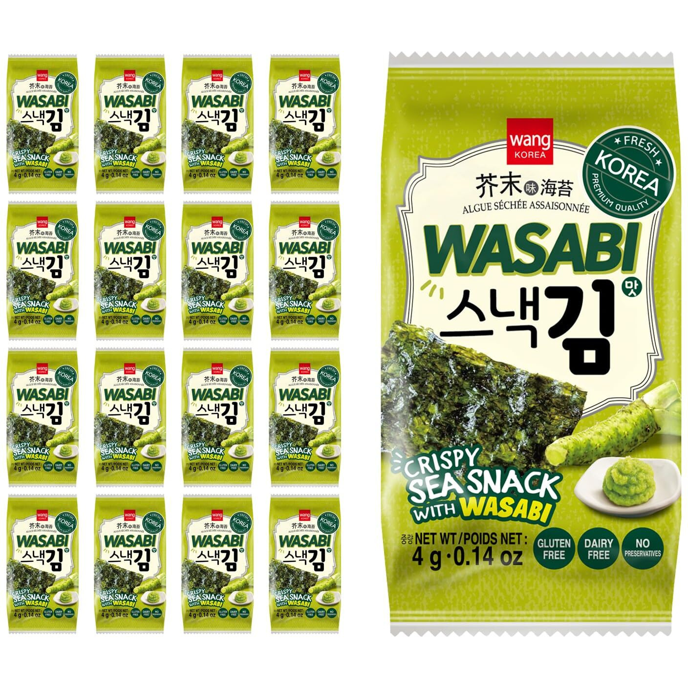 Wang Korean Roasted Seaeed Snack ith Wasabi, Keto-friendly, Vegan, Gluten-Free, Healthy Snack, Pack of 16