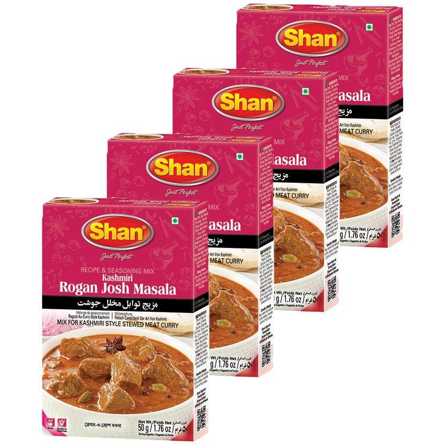 Shan Kashmiri Rogan Josh Recipe and Seasoning Mix 1.76 oz (50g) - Spice Poder for Kashmiri Style Steed Meat Curry - Suitable for Vegetarians - Airtight Bag in a Box (Pack of 4)