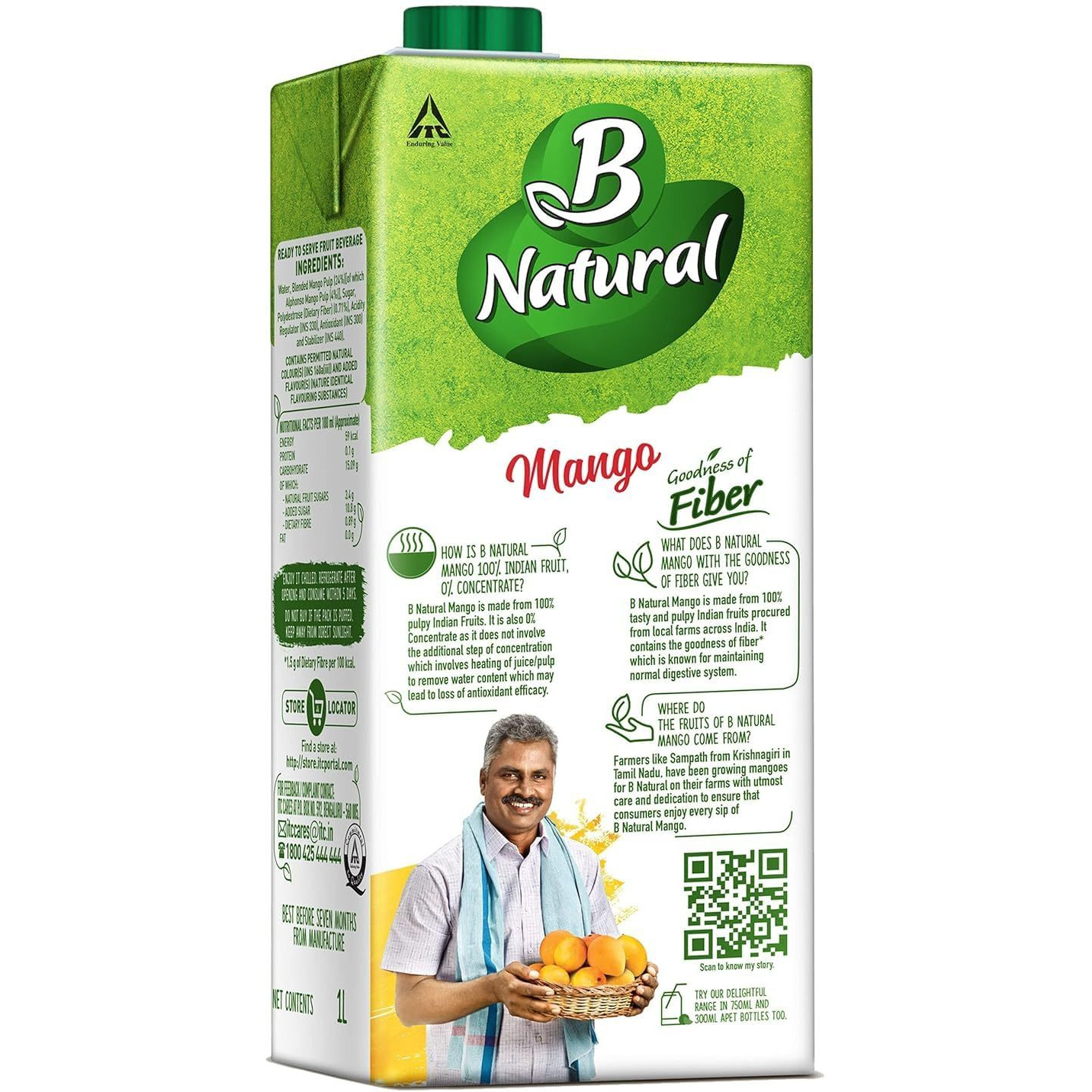 B Natural Mango Juice, Goodness of fiber, Made with choicest Mangoes, 1 litre