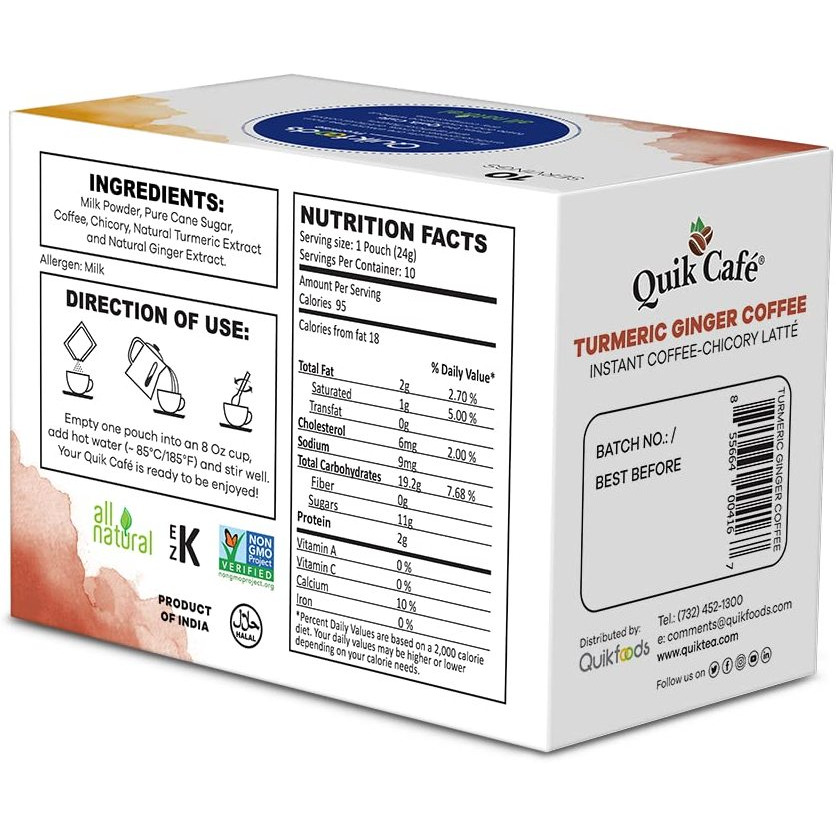 Quik Caf Turmeric Ginger Coffee - 100 Count (10 Boxes of 10 Each) - All Natural Instant Golden Coffee
