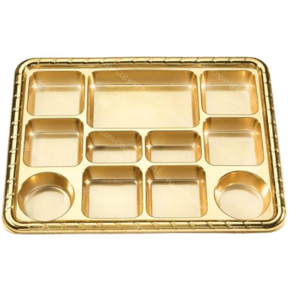 11 Compartment Disposable Gold Plates - Indian Thali Plastic Tray.