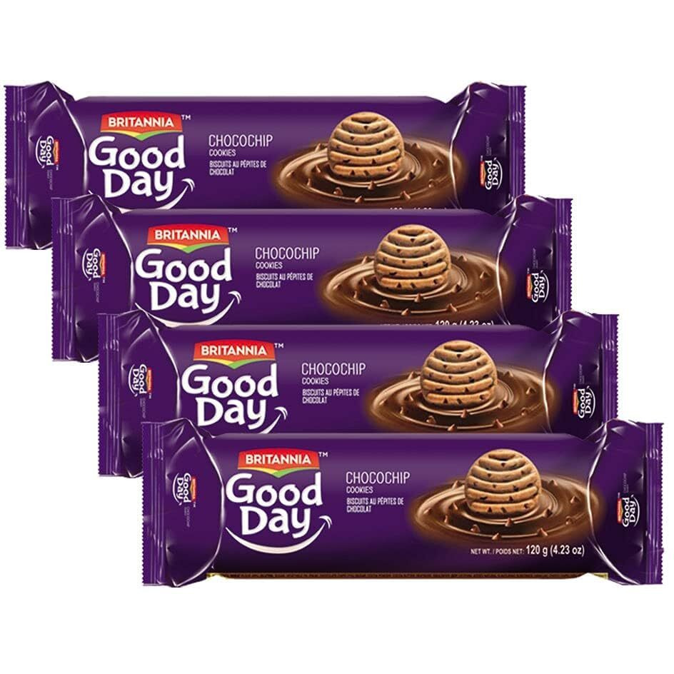 BRITANNIA Good Day Choco Chips Cookies 4.21oz (120g) - Breakfast & Tea Time Snacks - Delicious Grocery Cookies - Halal and Suitable for Vegetarians (Pack of 4)