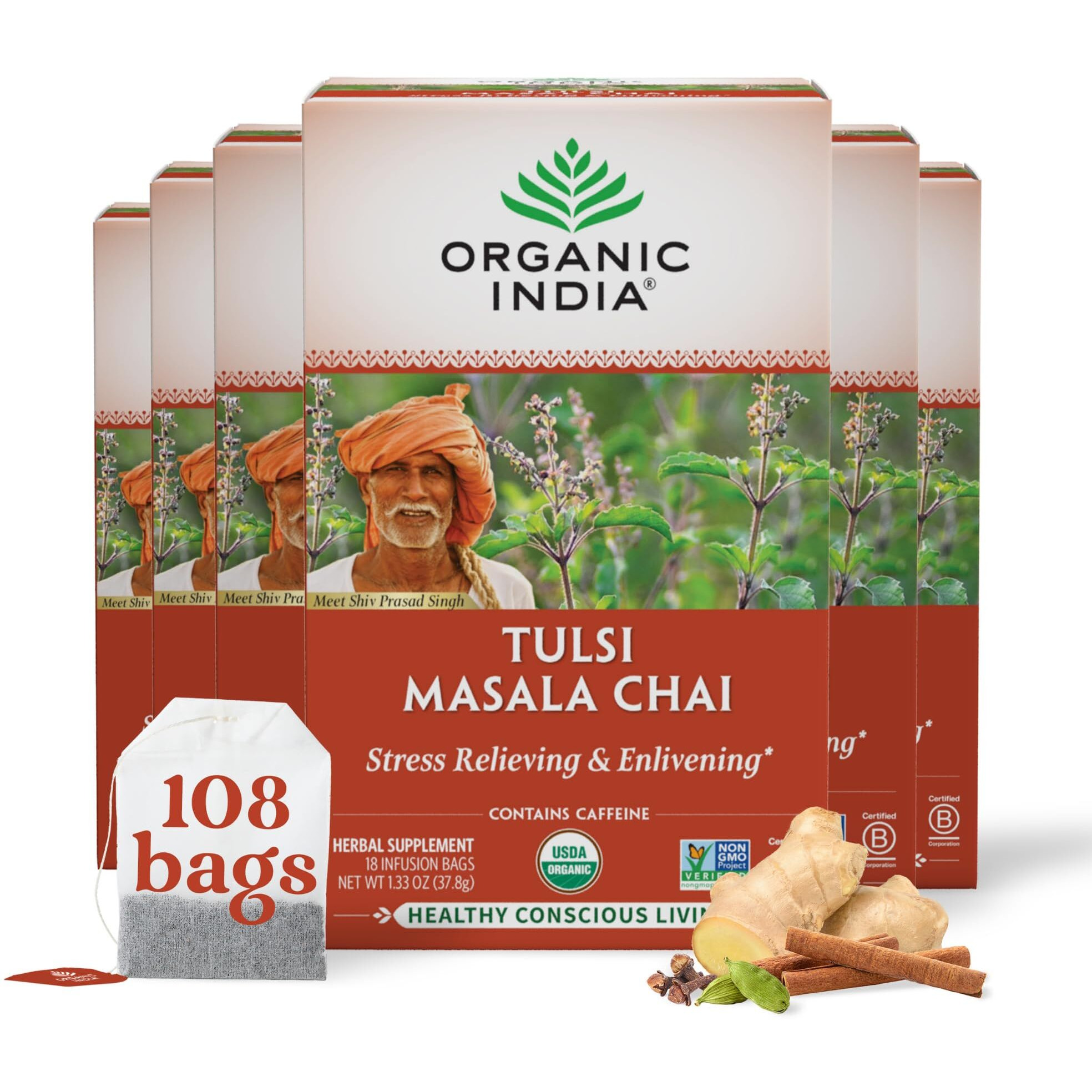 Organic India Tulsi Masala Chai Herbal Tea - Holy Basil, Stress Relieving & Enlivening, Immune Support, Vegan, USDA Certified Organic, Black Tea, Antioxidant, Caffeinated - 18 Infusion Bags, 6 Pack