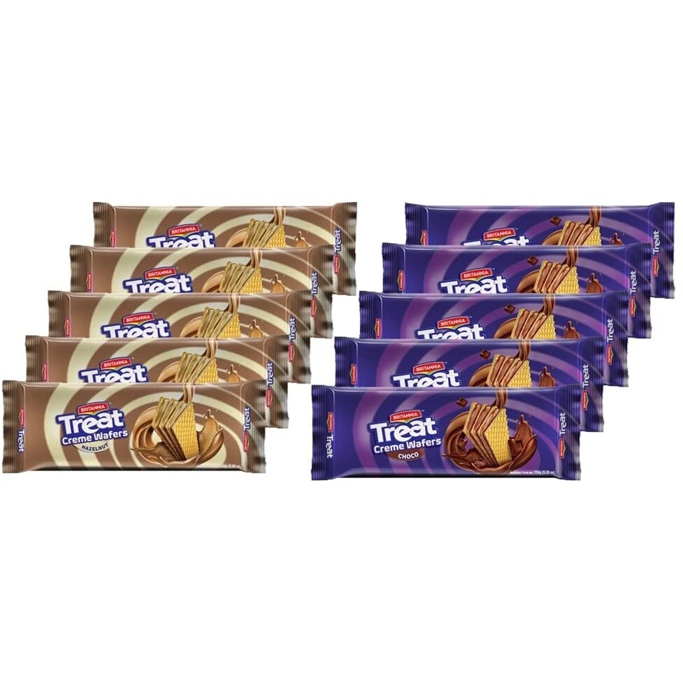 Britannia Treat Wafer Hazelnut & Choco Cream 5.29oz (150g) - Breakfast & Tea Time Snacks - Crunchy, Healthy and Delicious - Halal and Suitable for Vegetarians (Pack of 10) 2 Flavors Each