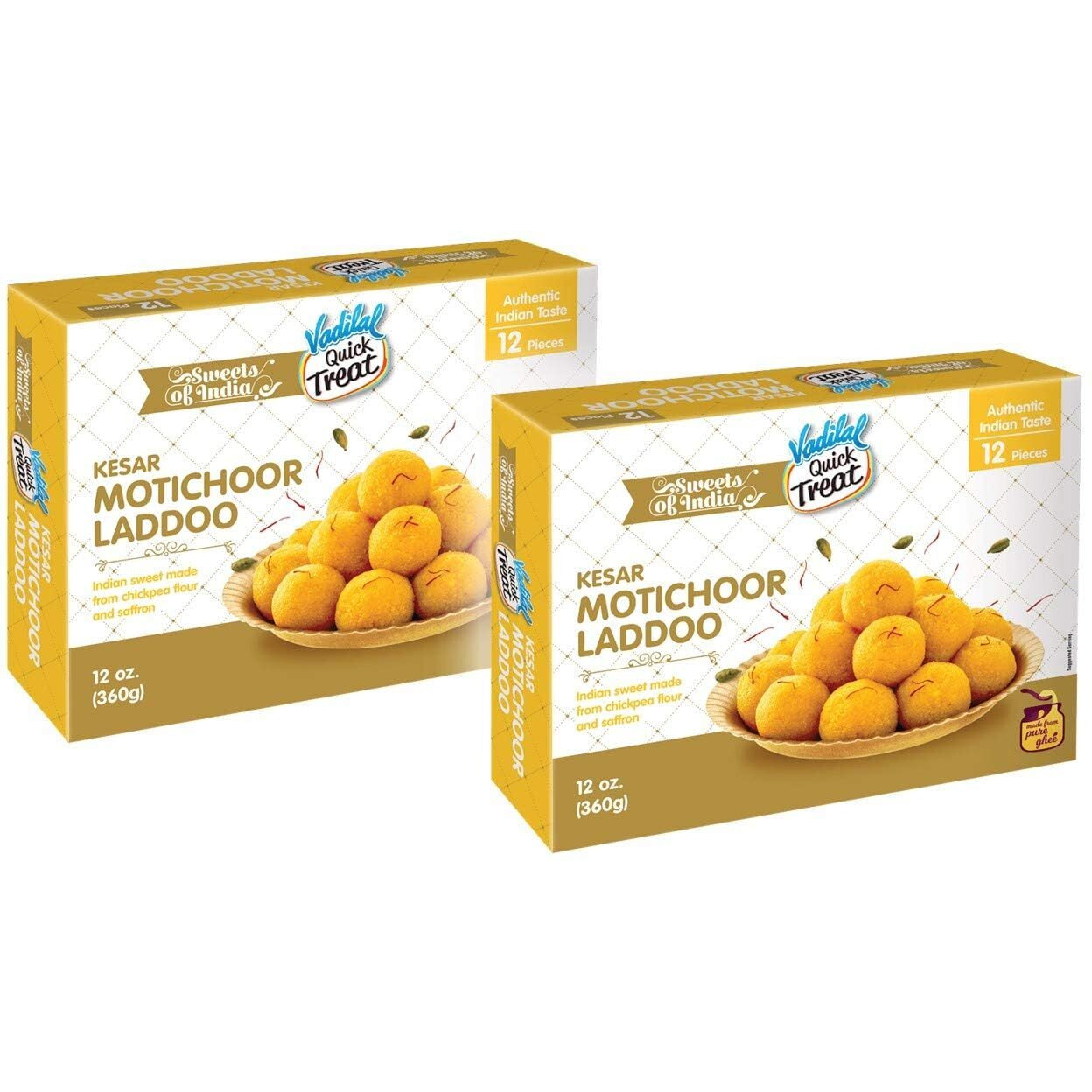 Vadilal Kesar Motichoor Laddoo 360 Grams (12pcs) Tin Pack Authentic Indian Seets Made With chickpea Flour & Saffron.