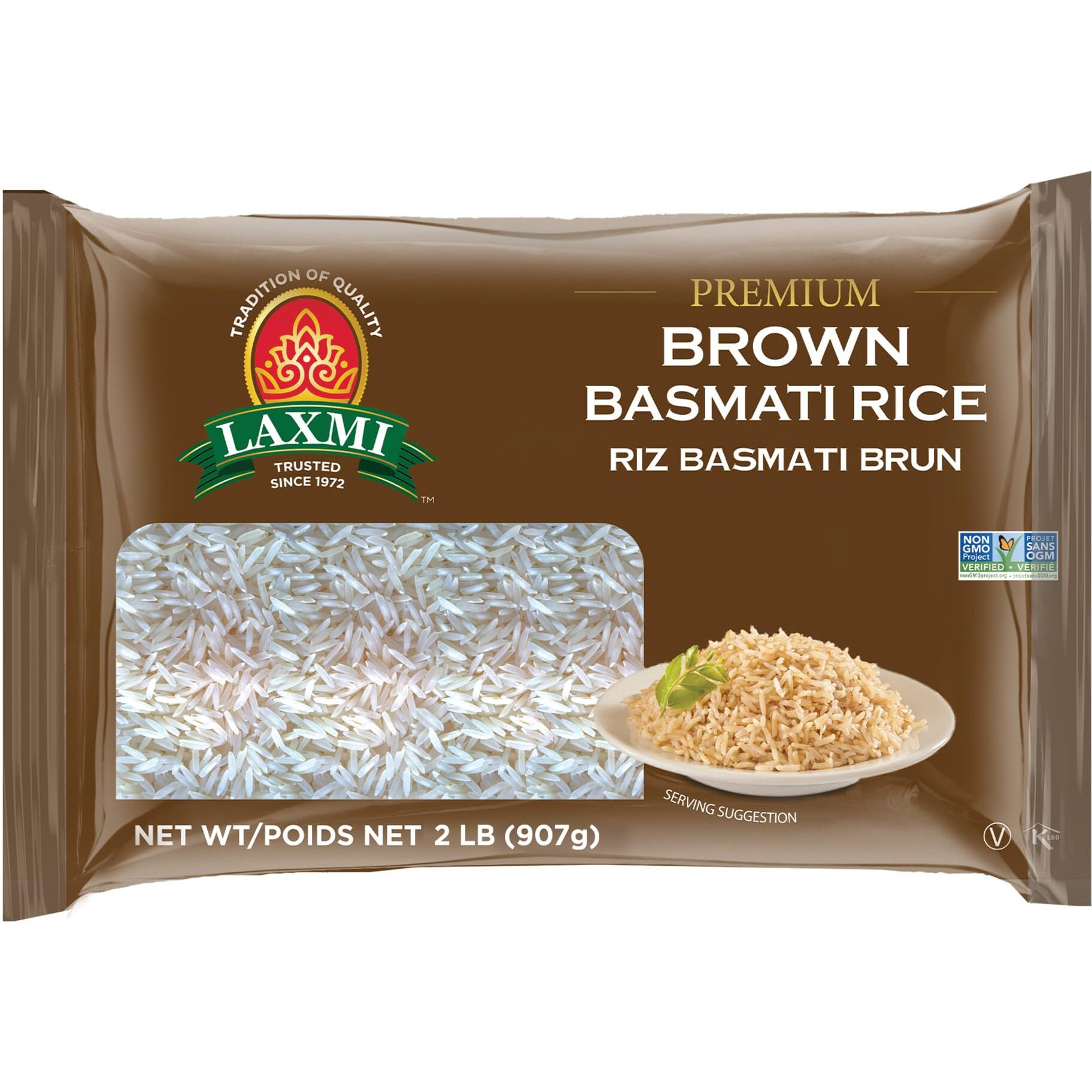 Laxmi Brand, Bron Basmati Rice, Vegetarian, Whole Grain, Light, Nutty Flavor, Made Pure, Made Fresh, Product of India (2lb)