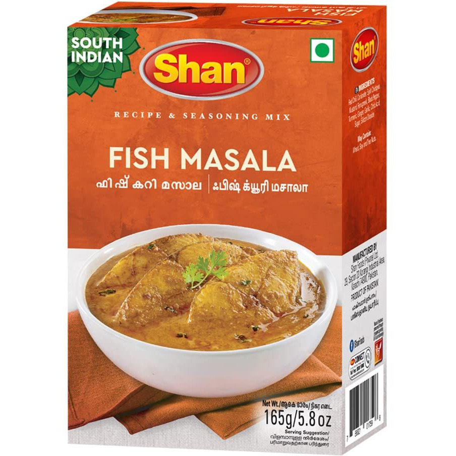 Shan Fish Masala Recipe & Seasoning Mix 165g (5.78oz) Pack of 1 - Spices Blend for South Indian Curry - Suitable for Vegetarians - Airtight Bag in a Box