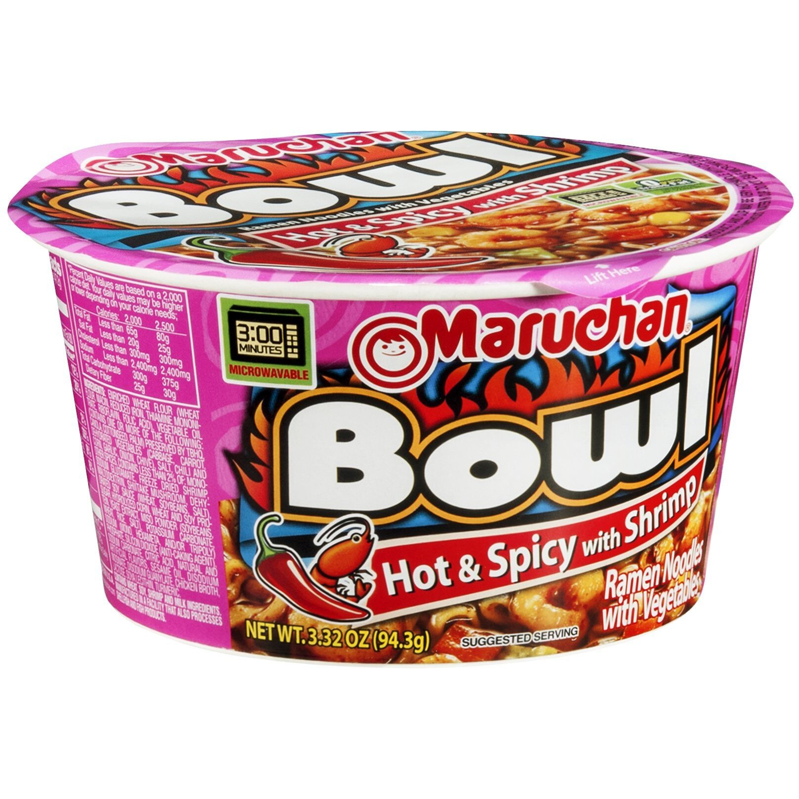 Maruchan Bol Hot & Spicy ith Shrimp Flavor Ramen Noodles ith Vegetables 3.32 OZ (Pack of 12)