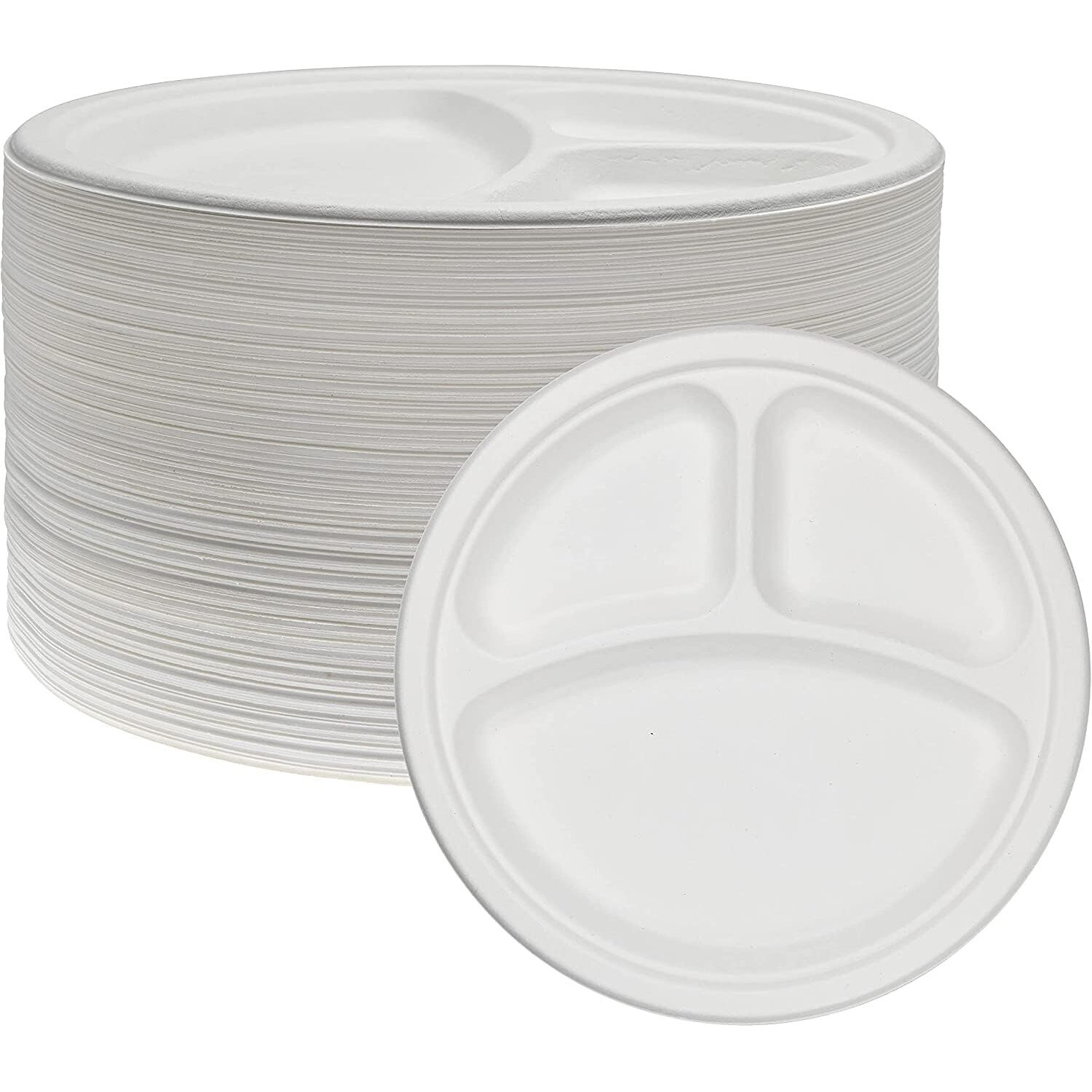 200 Pack 10 INCH 3 COMPARTMENTS Bagasse Plates 100% Disposable 3 Compartment Plates Eco-Friendly Disposable