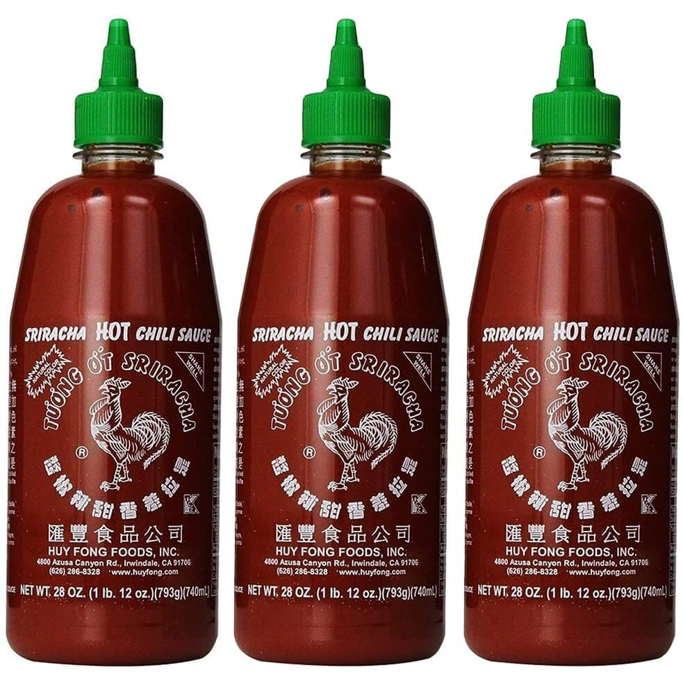 The Original Huy Fong Sriracha, 28 OZ Rooster Sriracha Chili Sauce, Spicy Flavor Hot Sauce W/Chili Pepper, Lo Carb Classic Cook Sriracha Chili Paste for Hotdogs Eggs Burgers Soups Tacos, 3-Pack