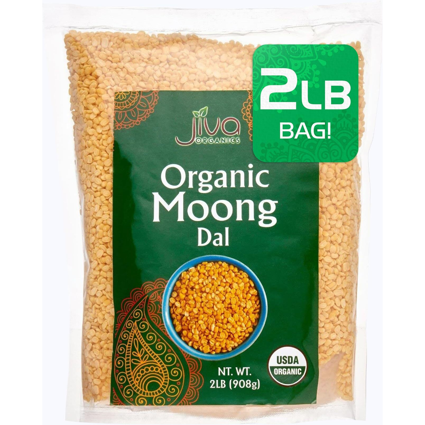 Jiva Organic Yellow Moong Dal 2 Pound - Non-GMO - Great for Kitchari - Split Mung Beans Washed