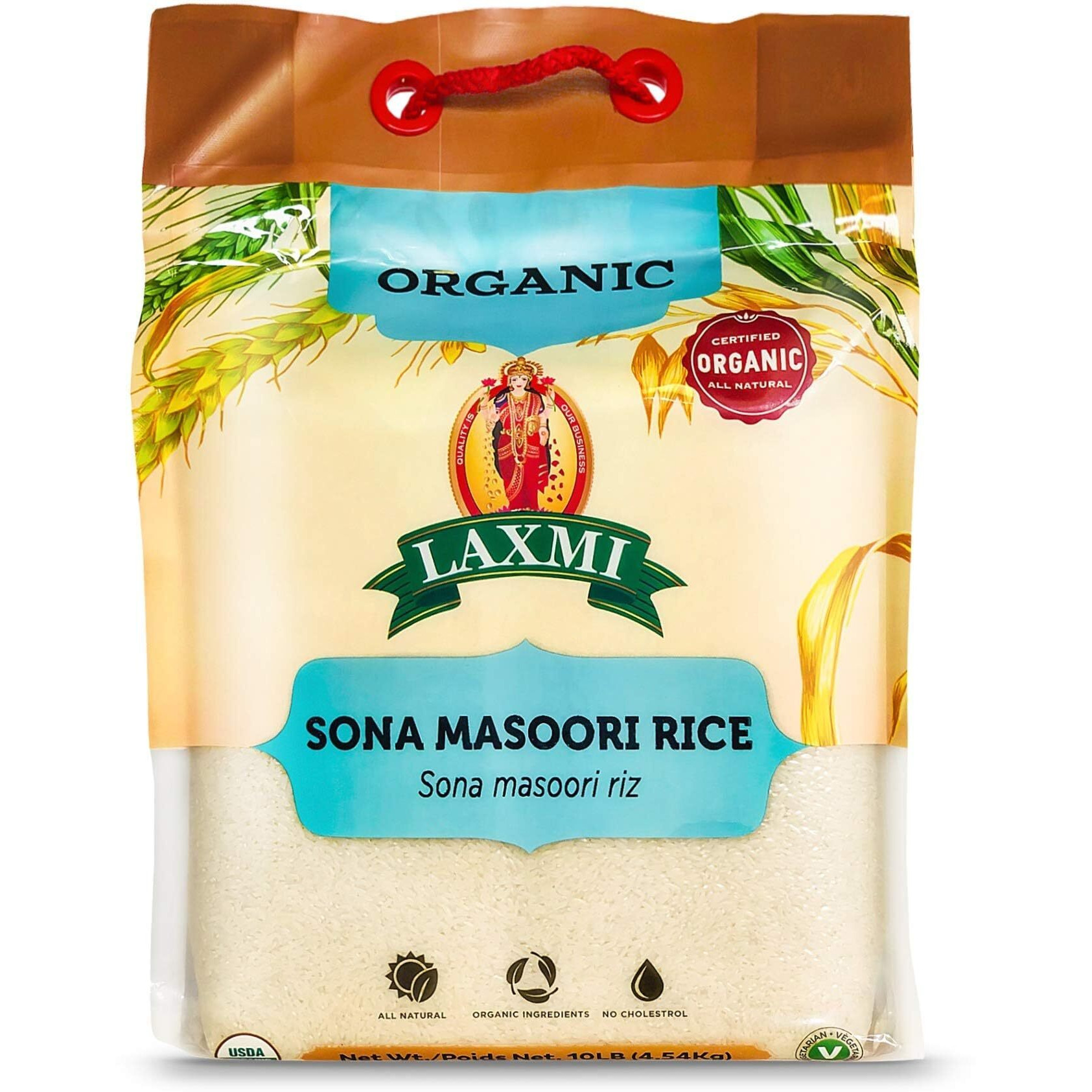 Laxmi Organic Sona Masoori Rice, All Natural, Organic Ingredients, No Cholesterol, USDA Organic, Vegetarian (10lbs)