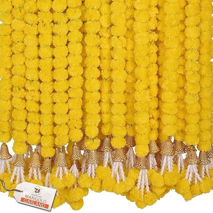 Marigold Garland for Decoration 5 Pcs of 5 feet Long Strands Artificial Marigold Flowers with Bell, Indian Dcor for Pooja/Diwali/Wedding/Christmas (Yellow)