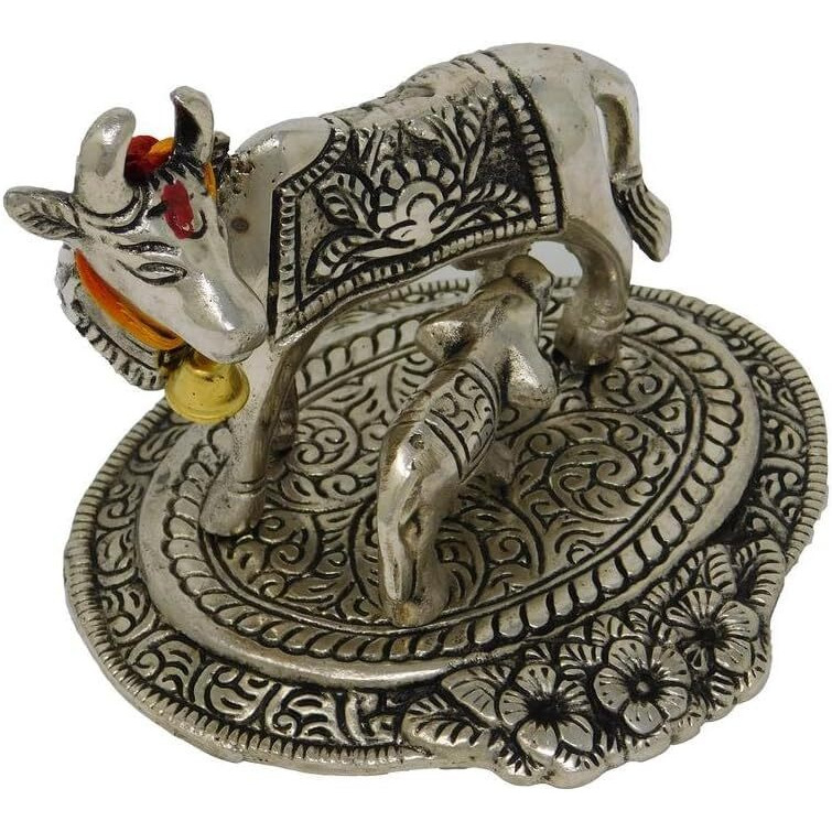 Silver Oxidized Antique Kamdhenu Cow and Calf Showpiece Small