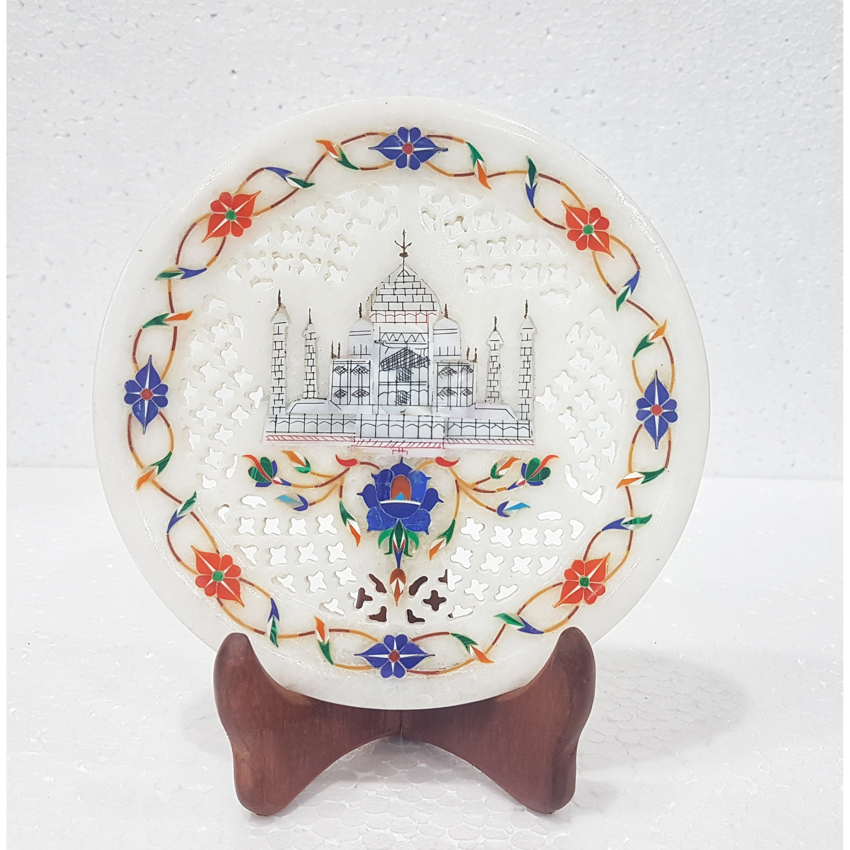 Taj Mahal Decorative White Marble Inlay Gift Plate