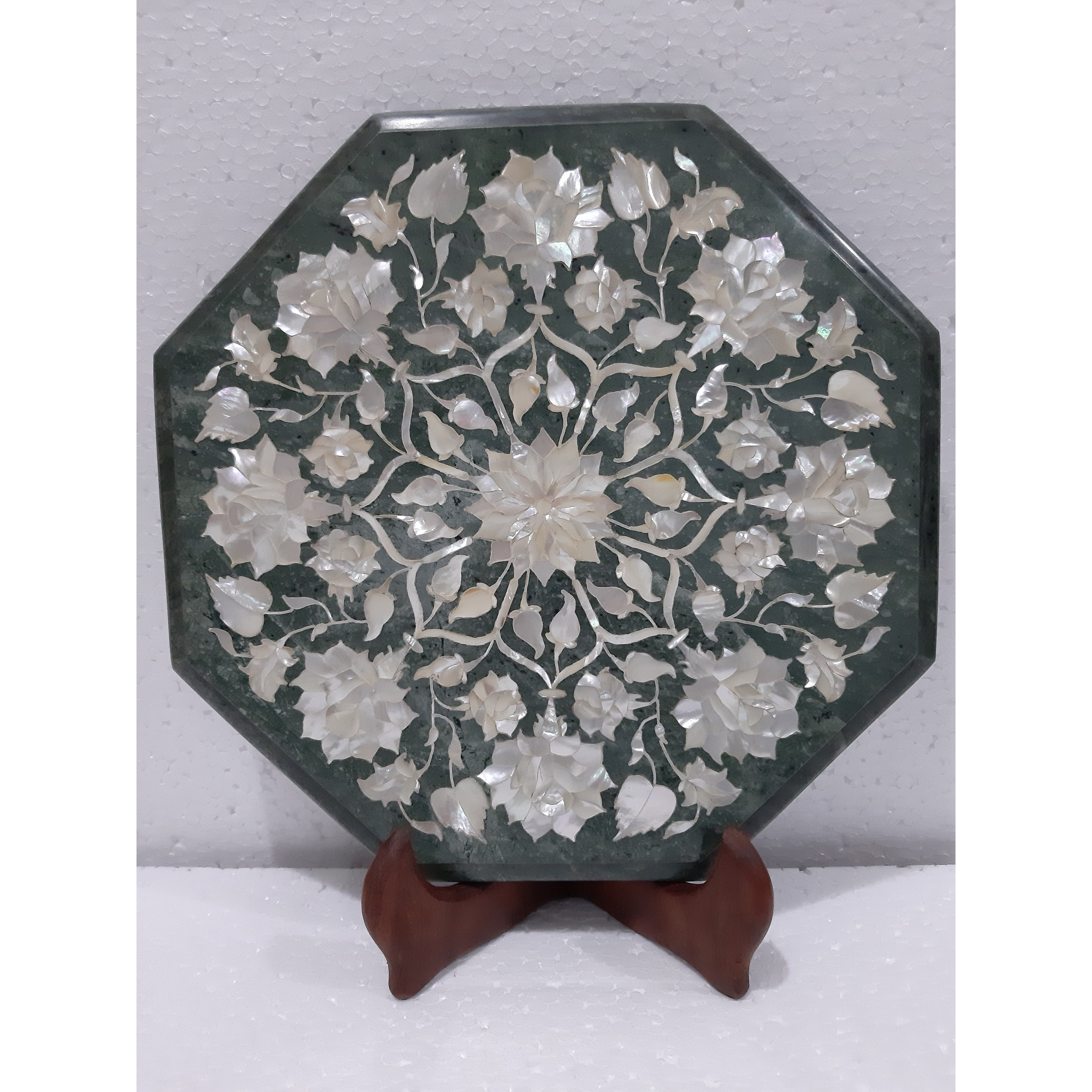 Mother Of Pearl Inlay Green Marble Small Coffee Table/Hot Plate Decor