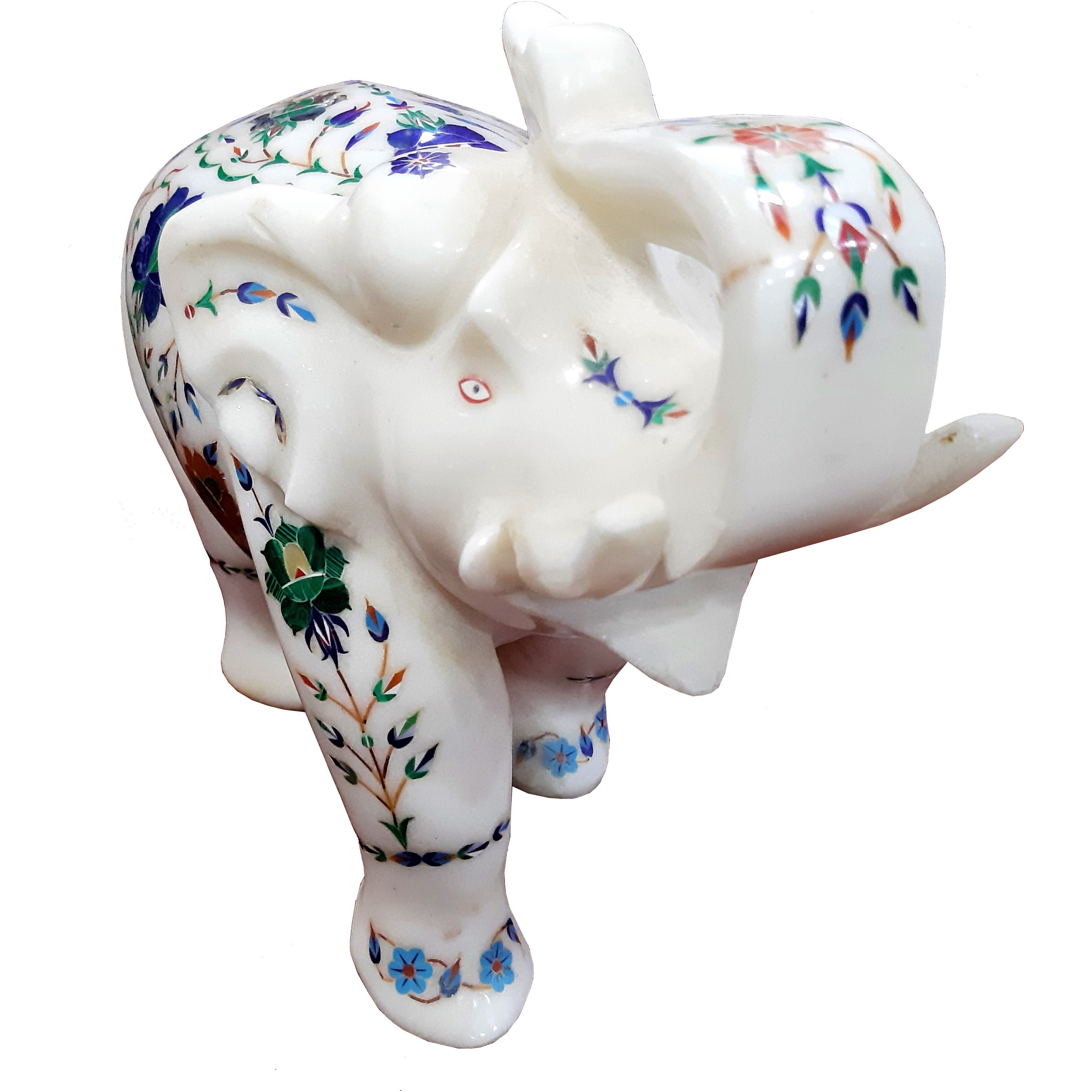 8 inch Marble Elephant, White Marble Inlay Elephant, Elephant Figurine, Marble Inlay, Stone Elephant, Semi Precious Stones Inlay Home Decor Gift