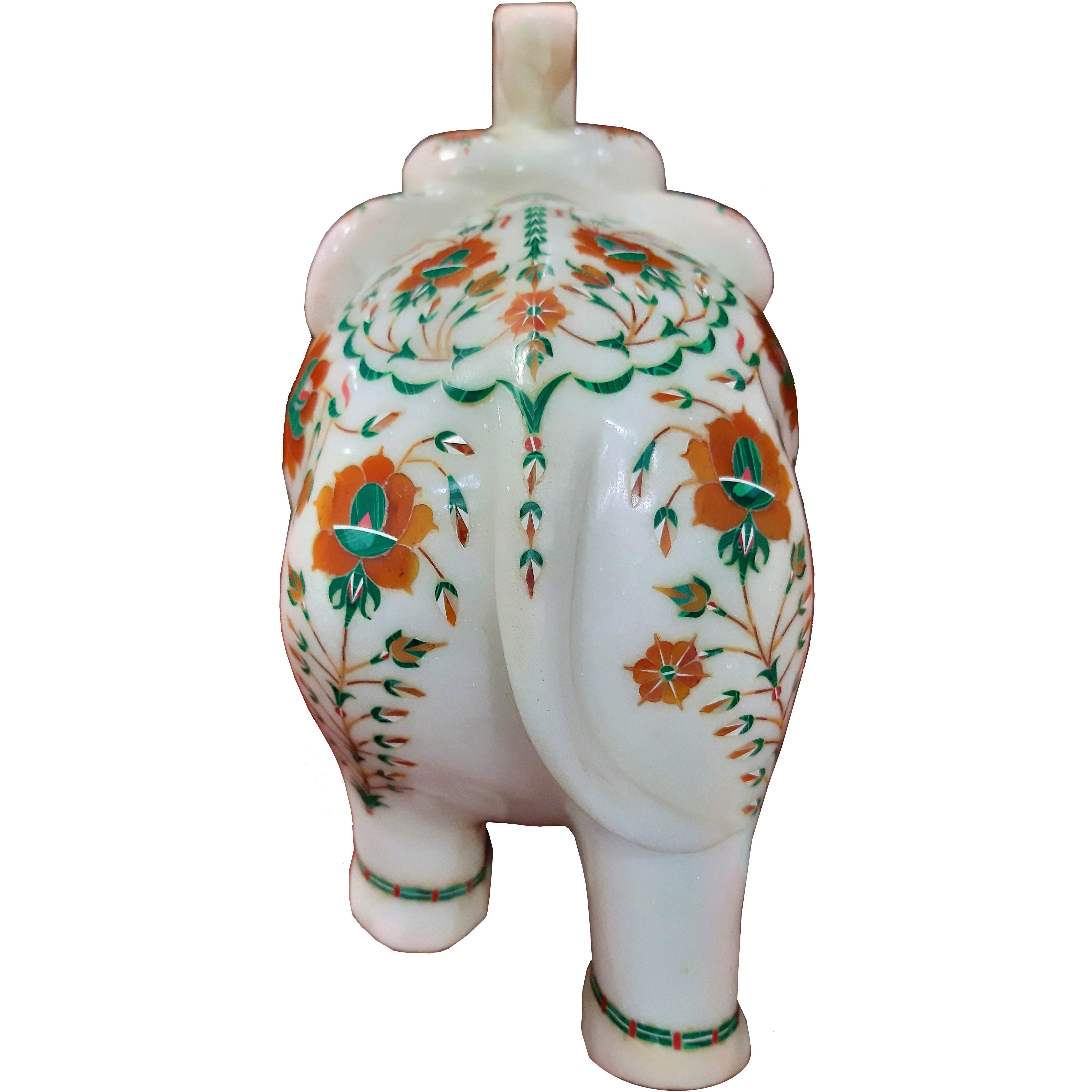 8 Inch White Marble Elephant, White Marble Inlay Elephant, Elephant Figurine, Marble Stone Elephant, Stones Inlay Home Decor Gift