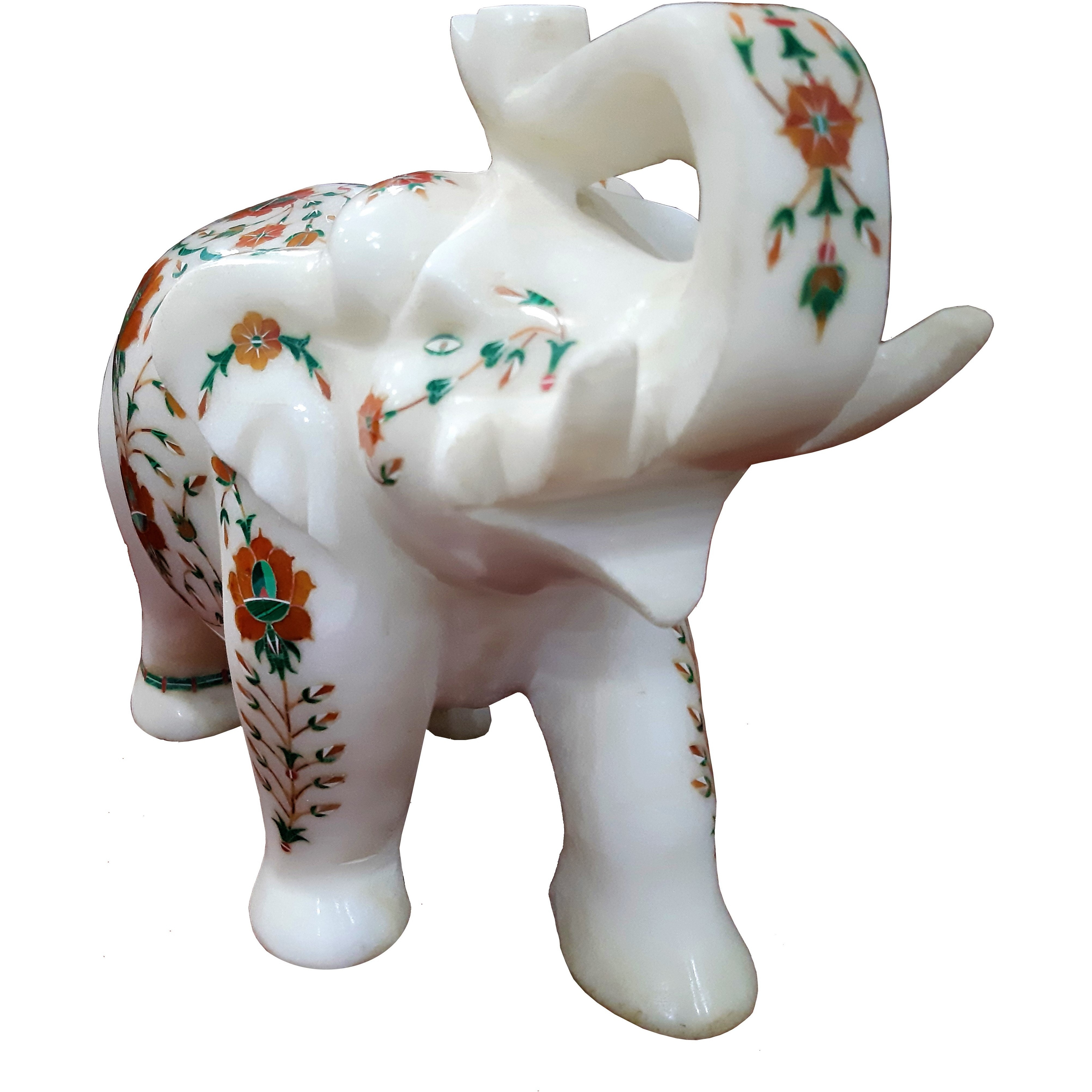 8 Inch White Marble Elephant, White Marble Inlay Elephant, Elephant Figurine, Marble Stone Elephant, Stones Inlay Home Decor Gift